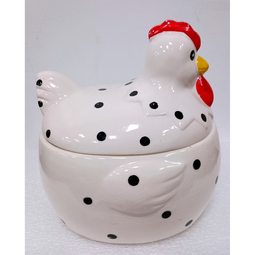 Vintage Chicken Cookie Jar White Black Polka Dot Ceramic Farmhouse Kitchen Decor